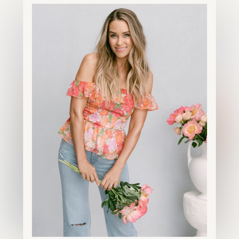 Like New! šŗLC Lauren Conrad Pink and Orange Ruffled Peplum Blousešŗ - Picture 1 of 5